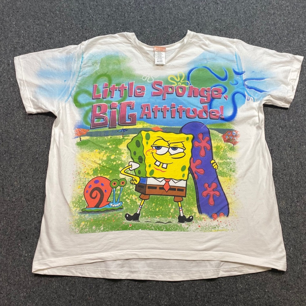 Nickelodeon Spongebob Squarepants Shirt Sz 26/28W Womens White Y2K Airbrush Gary